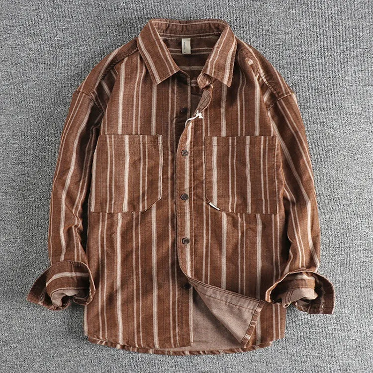Men's vintage yarn-dyed striped casual shirt in Japanese retro style with loose fit