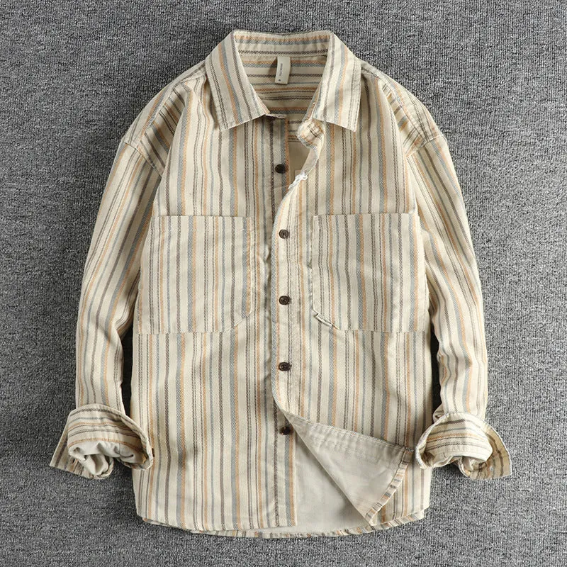 Men's vintage yarn-dyed striped casual shirt in Japanese retro style with loose fit