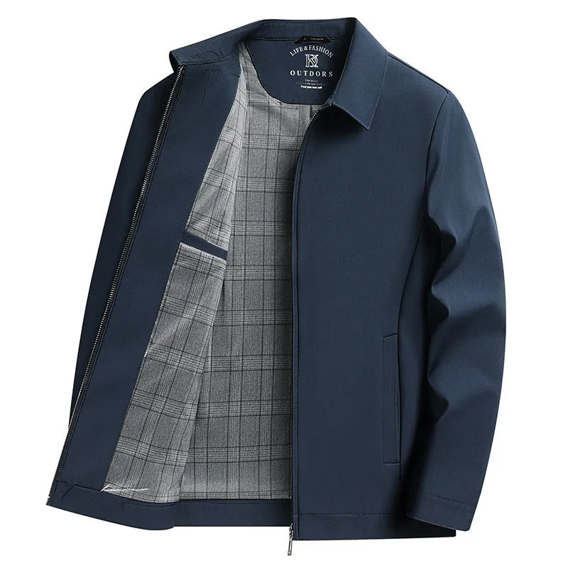 Men's solid colour casual jacket with polo collar and side seam pockets in loose fit