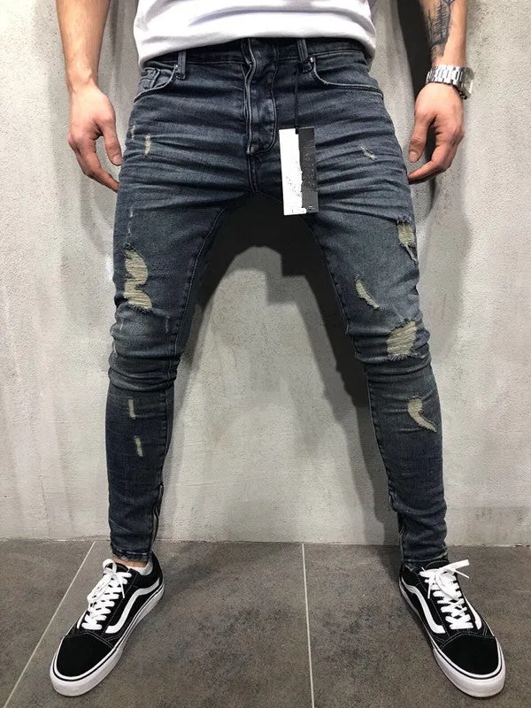 Men's gray blue stretch biker jeans with hole details, slim fit, on a model