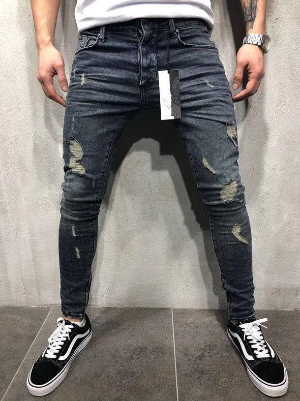 Men's gray blue stretch biker jeans with hole details, slim fit, on a model