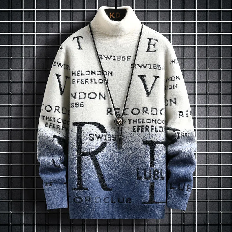 Men's gradient mink fleece turtleneck sweater, slim fit, long sleeve, high collar, nylon blend, rice and green colour