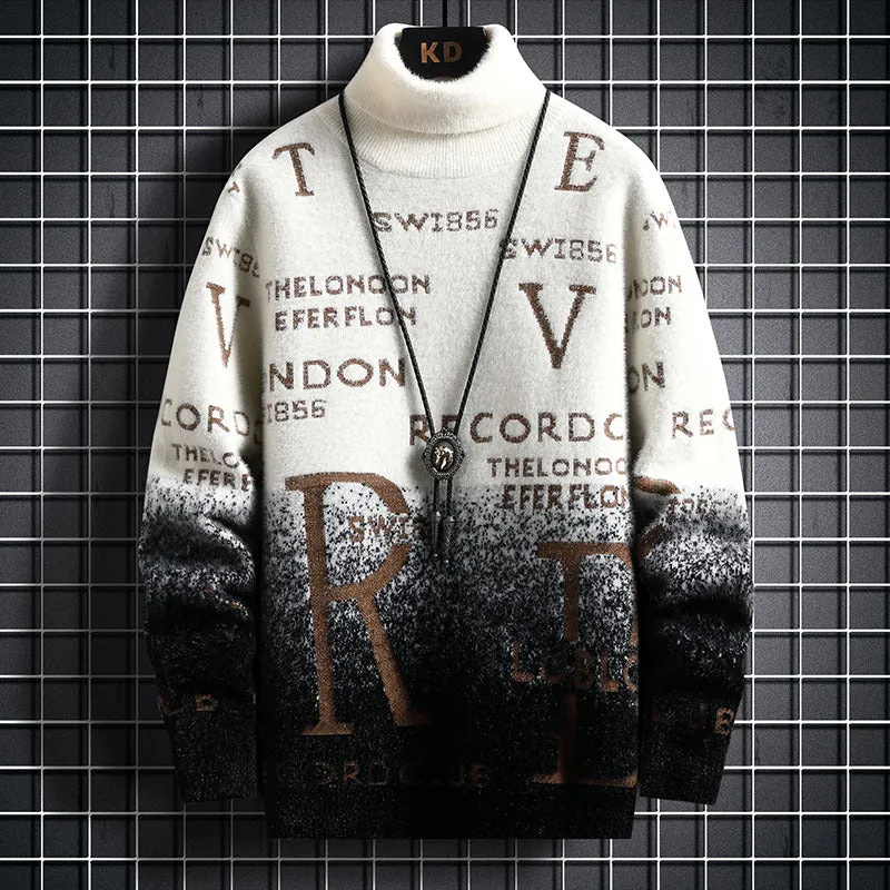 Men's gradient mink fleece turtleneck sweater, slim fit, long sleeve, high collar, nylon blend, rice and green colour