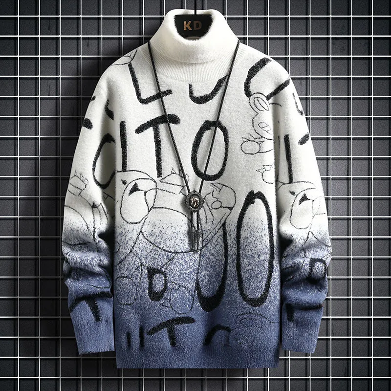 Men's gradient mink fleece turtleneck sweater, slim fit, long sleeve, high collar, nylon blend, rice and green colour