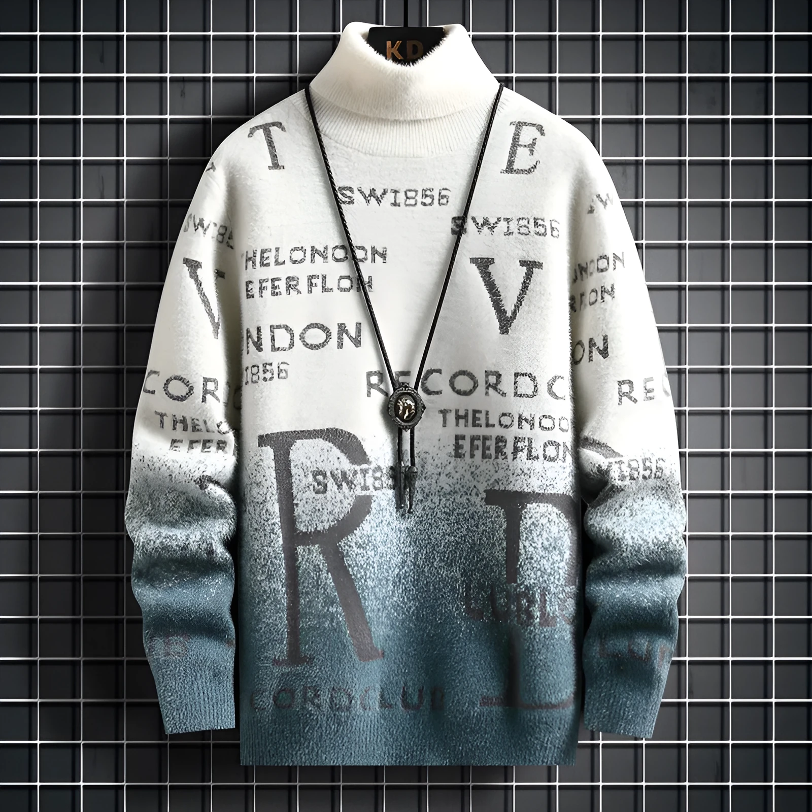 Men's gradient mink fleece turtleneck sweater, slim fit, long sleeve, high collar, nylon blend, rice and green colour
