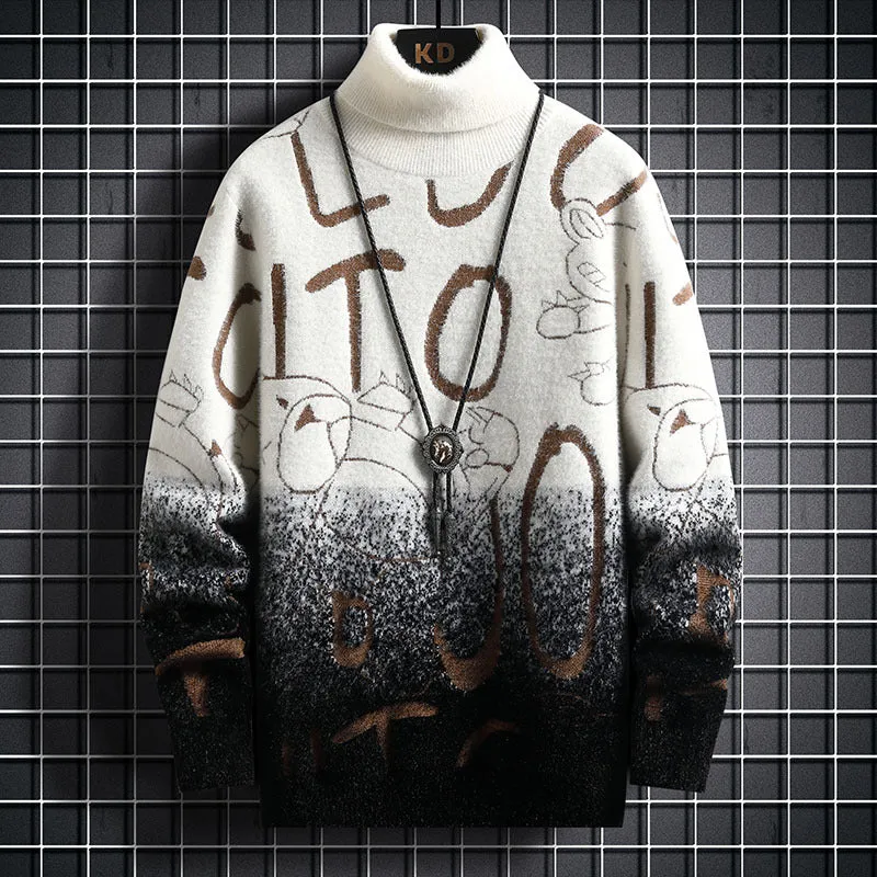 Men's gradient mink fleece turtleneck sweater, slim fit, long sleeve, high collar, nylon blend, rice and green colour