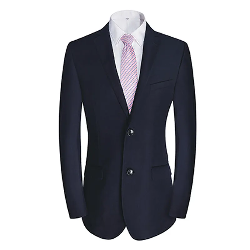 Men's wool blend slim fit casual suit jacket in black with two-button placket and side slits