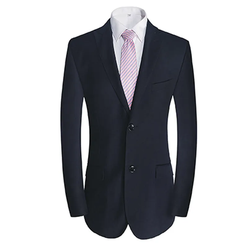 Men's wool blend slim fit casual suit jacket in black with two-button placket and side slits