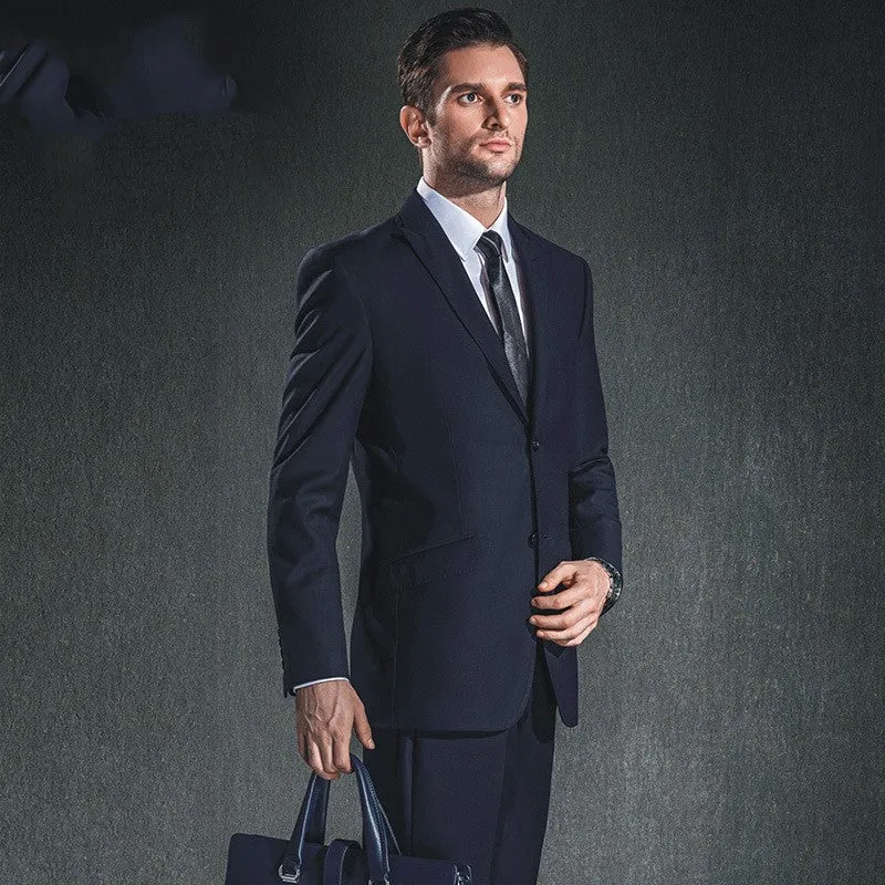 Men's wool blend slim fit casual suit jacket in black with two-button placket and side slits