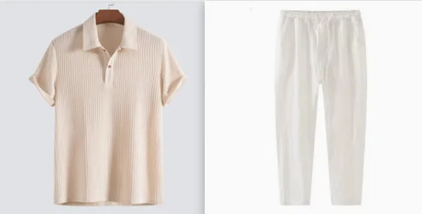Men's casual loose short sleeve shirt set in solid colour polyester fibre, three tops in black milky white and dark green
