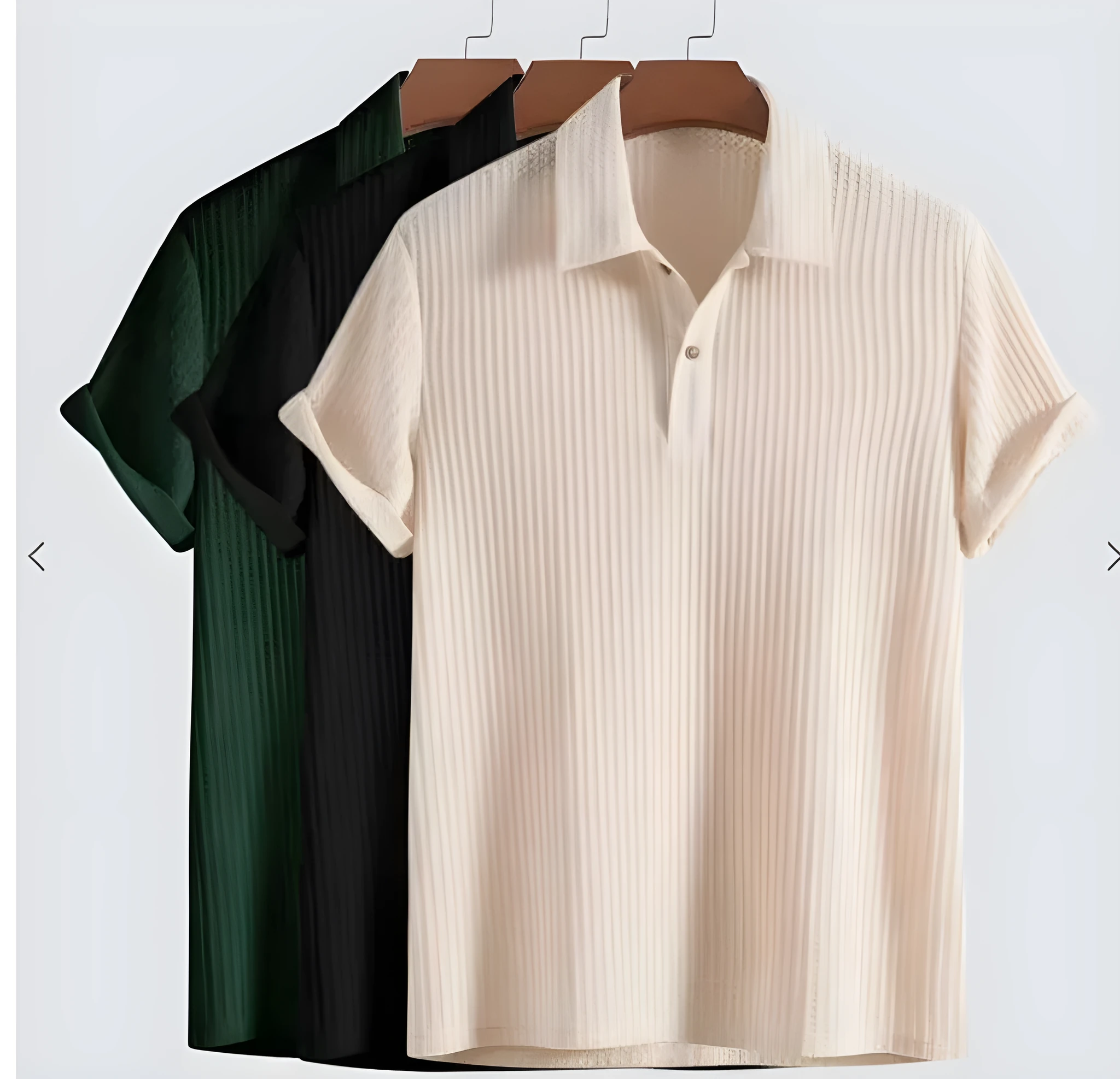 Men's casual loose short sleeve shirt set in solid colour polyester fibre, three tops in black milky white and dark green