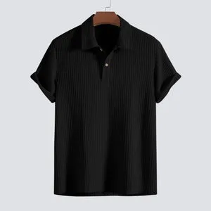 Men's casual loose short sleeve shirt set in solid colour polyester fibre, three tops in black milky white and dark green