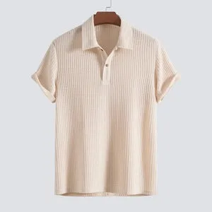 Men's casual loose short sleeve shirt set in solid colour polyester fibre, three tops in black milky white and dark green