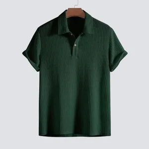 Men's casual loose short sleeve shirt set in solid colour polyester fibre, three tops in black milky white and dark green