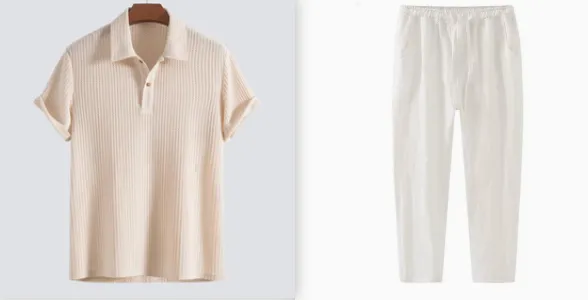Men's casual loose short sleeve shirt set in solid colour polyester fibre, three tops in black milky white and dark green