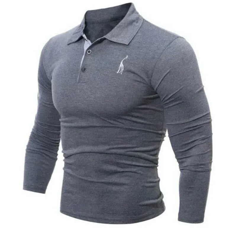 Men's long sleeve polo shirt in dark blue with embroidered deer and digital print, loose fit