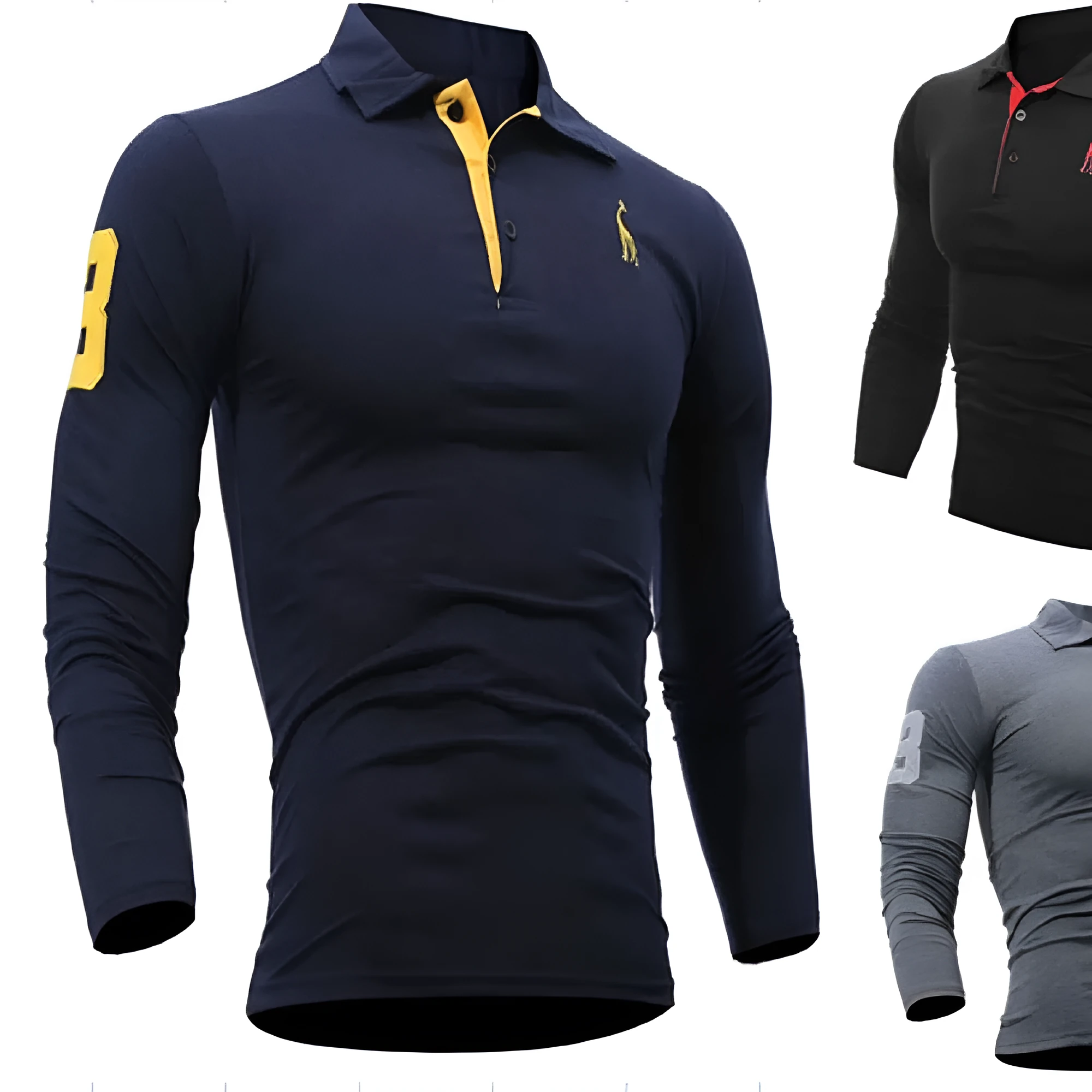 Men's long sleeve polo shirt in dark blue with embroidered deer and digital print, loose fit
