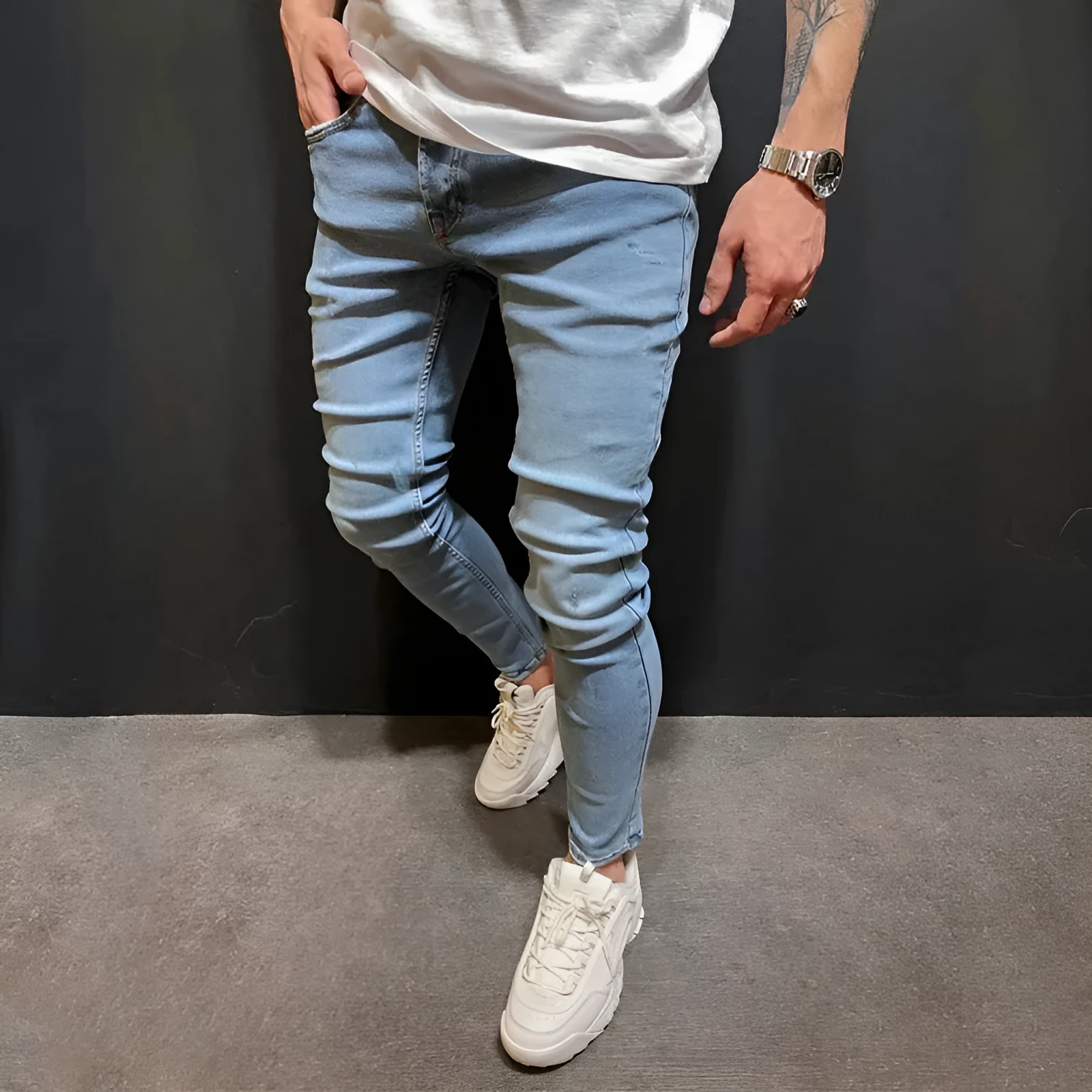 Men blue polyester denim trousers with button placket and mid-waist fit, casual style