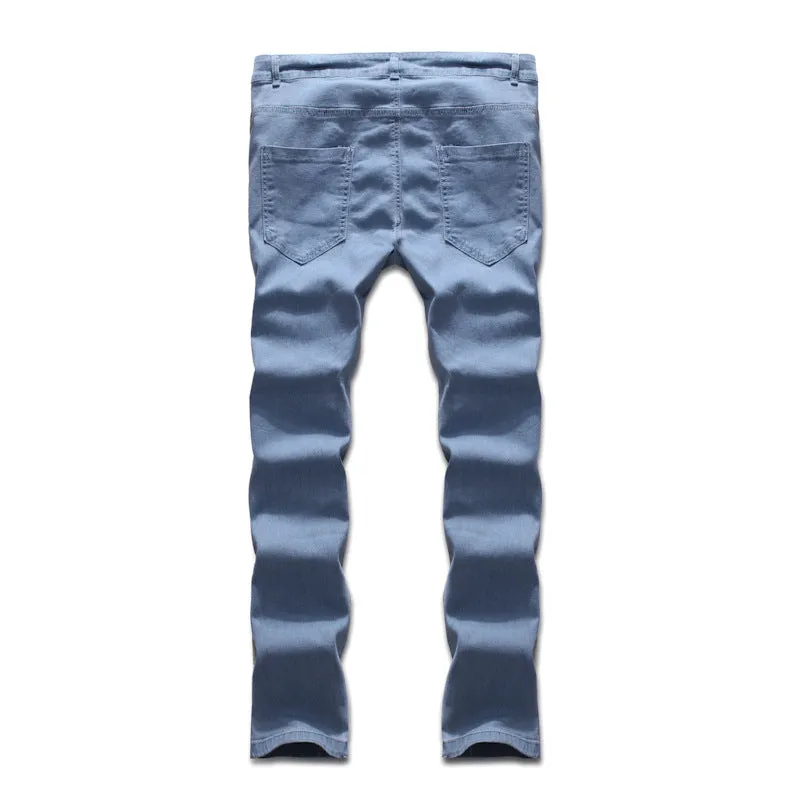 Men blue polyester denim trousers with button placket and mid-waist fit, casual style