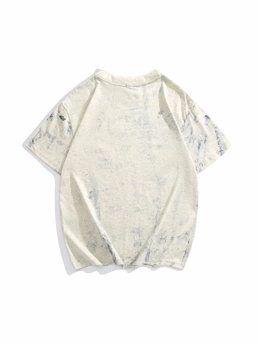 Grey tie dye printed loose fit T-shirt with round neck and half sleeves