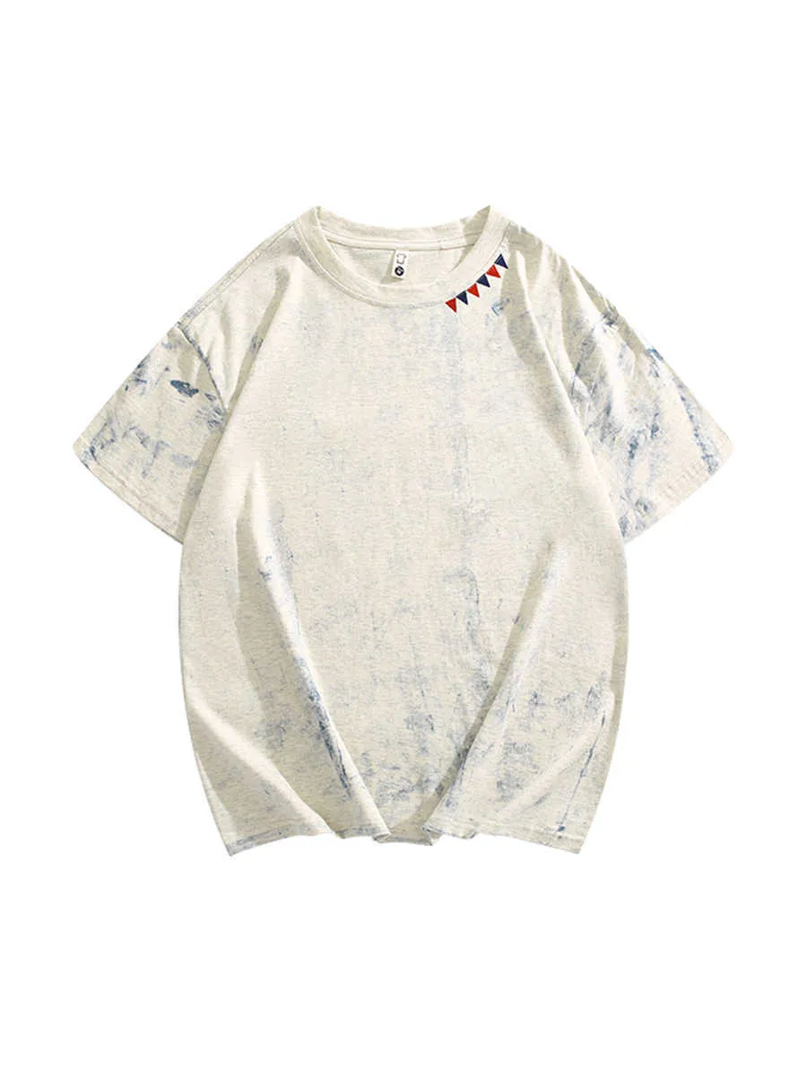 Grey tie dye printed loose fit T-shirt with round neck and half sleeves