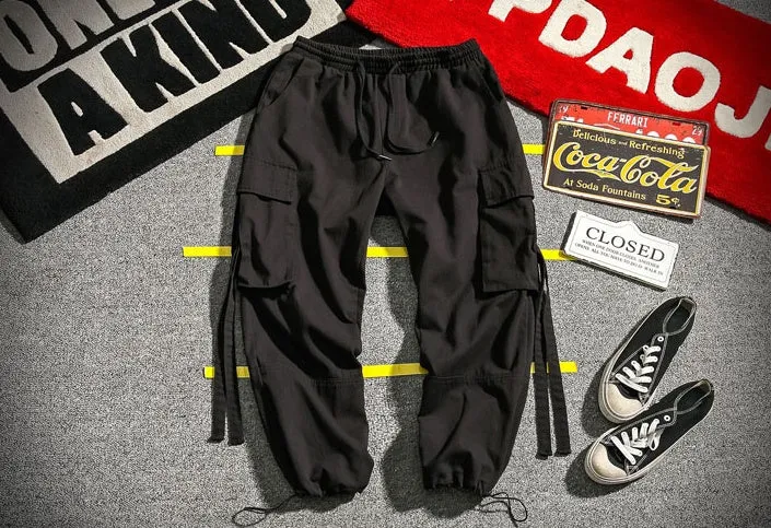 RIBBON Cargo Pants for men cotton blend multi-pocket drawstring waist loose fit in black gray red sizes M to 5XL