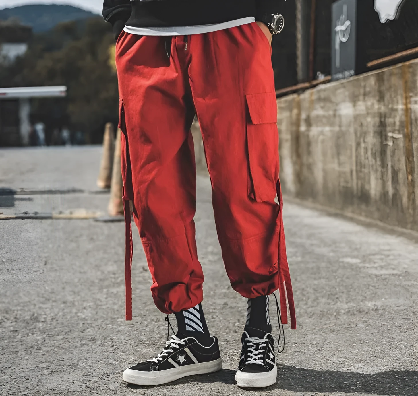 RIBBON Cargo Pants for men cotton blend multi-pocket drawstring waist loose fit in black gray red sizes M to 5XL