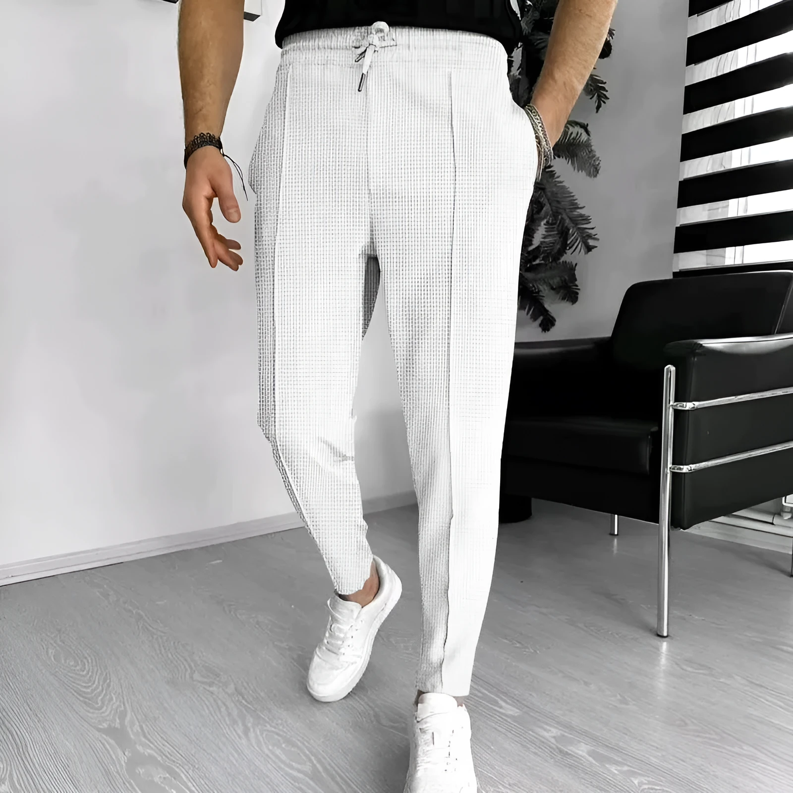 Men's drawstring straight-leg casual pants in solid colour, high-waisted with elastic waffle fabric, front view