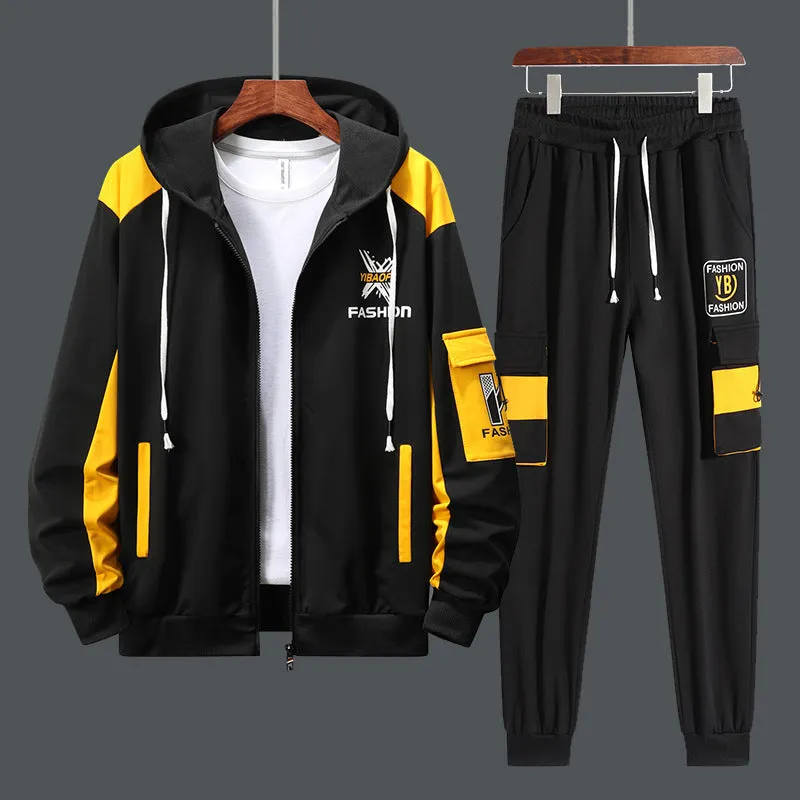 Men's autumn printed track suit set in red with polyester fibre fabric and side seam pockets.