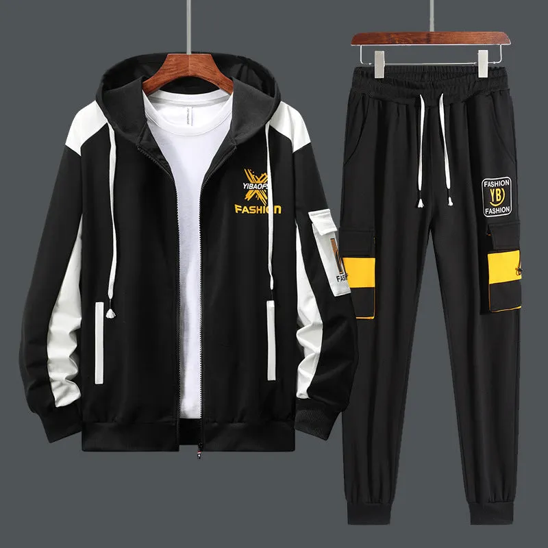 Men's autumn printed track suit set in red with polyester fibre fabric and side seam pockets.
