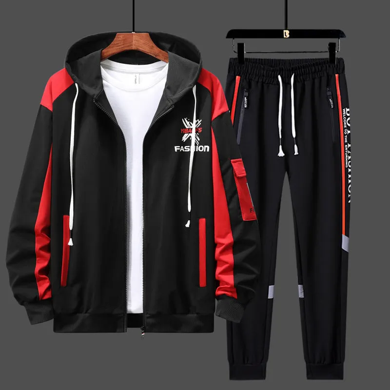 Men's autumn printed track suit set in red with polyester fibre fabric and side seam pockets.