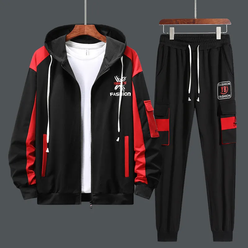 Men's autumn printed track suit set in red with polyester fibre fabric and side seam pockets.