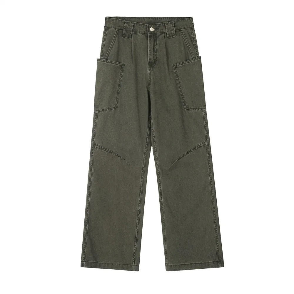 Mens loose fit denim work trousers in black, dark green, and smoky gray cotton fabric