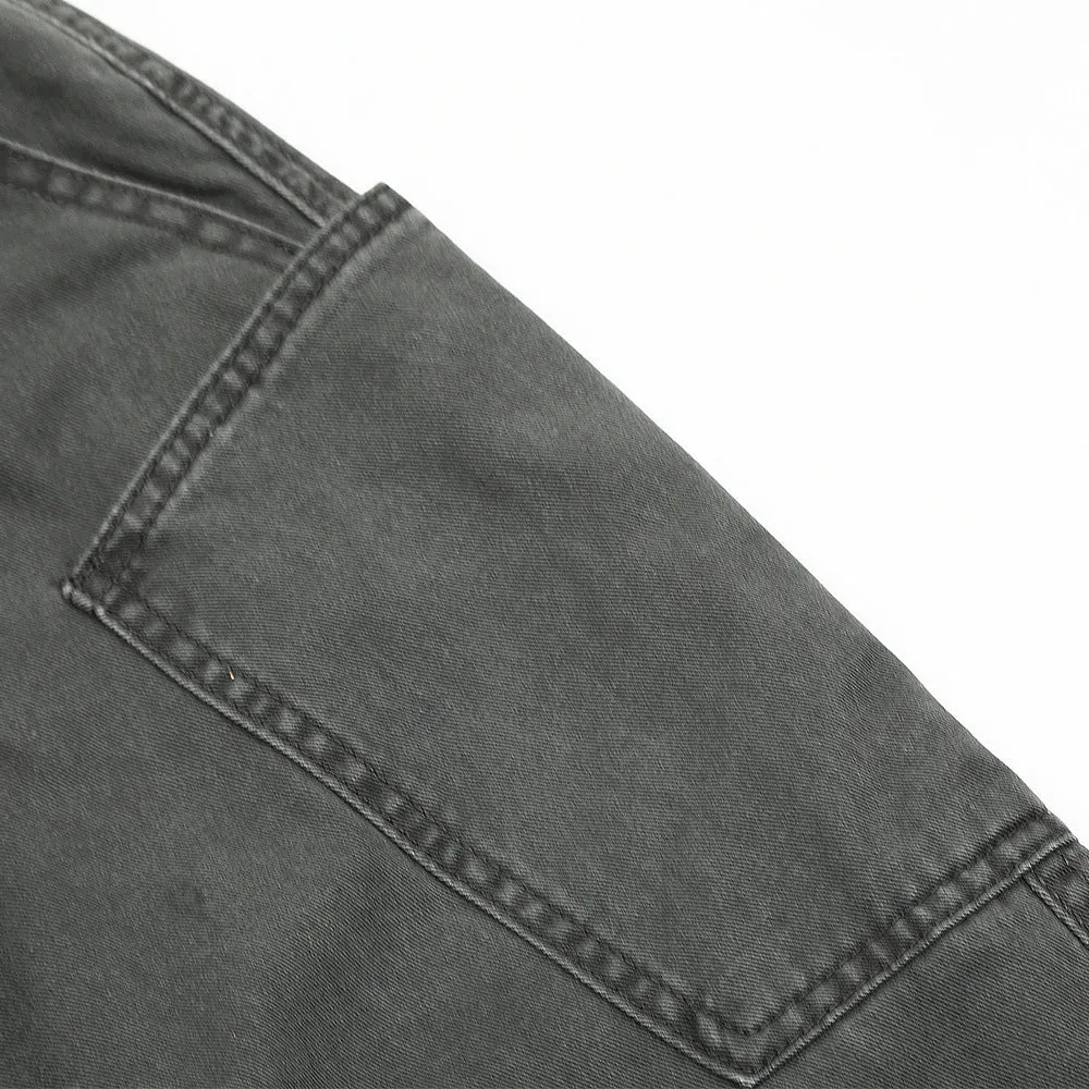 Mens loose fit denim work trousers in black, dark green, and smoky gray cotton fabric