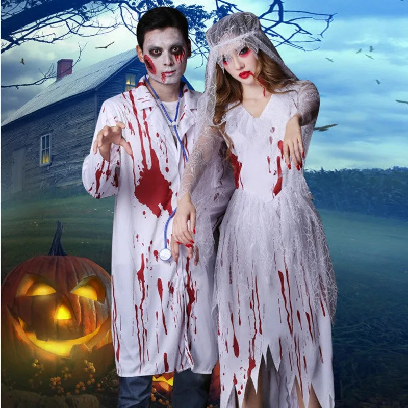 Adult white polyester masquerade costume set with dress and mask for Halloween parties