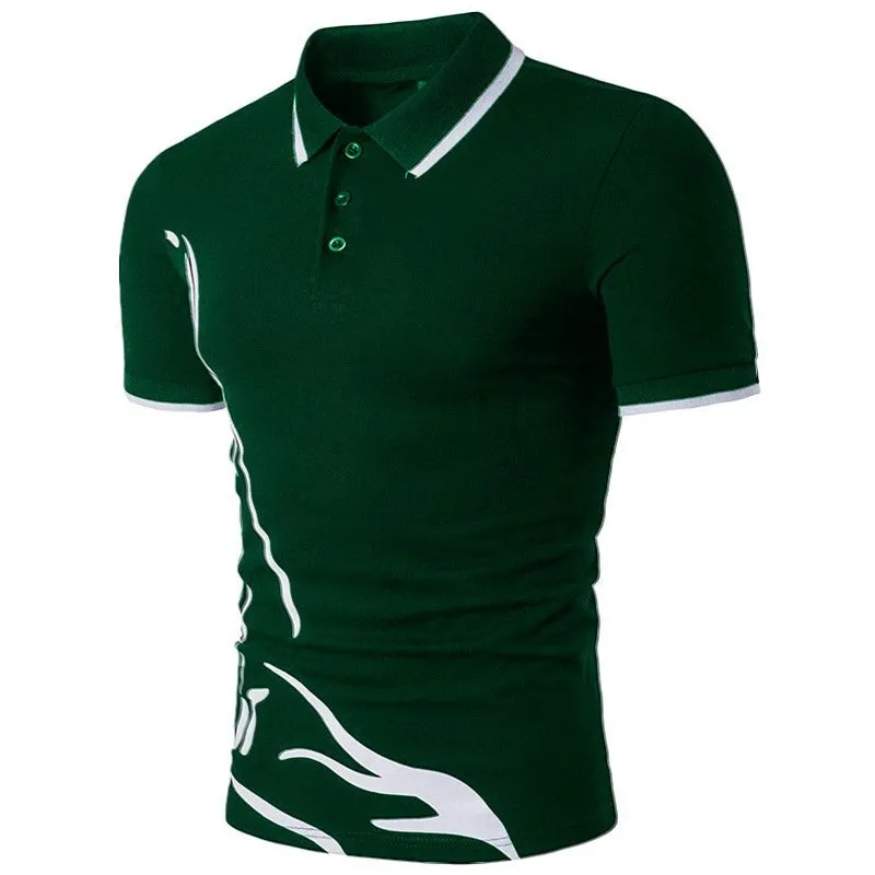 Mens cotton printed lapel short-sleeved T-shirt in white front view