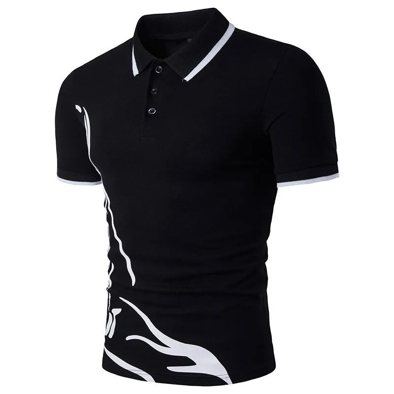 Mens cotton printed lapel short-sleeved T-shirt in white front view