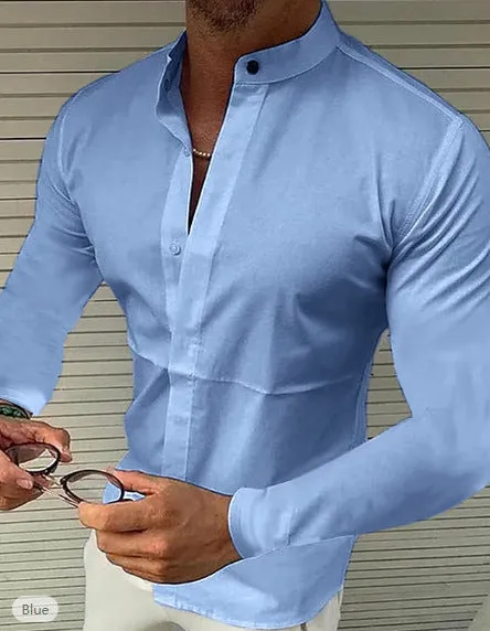 Men's pure coloured imitation silk fabric shirt with stand collar in white, side view on hanger