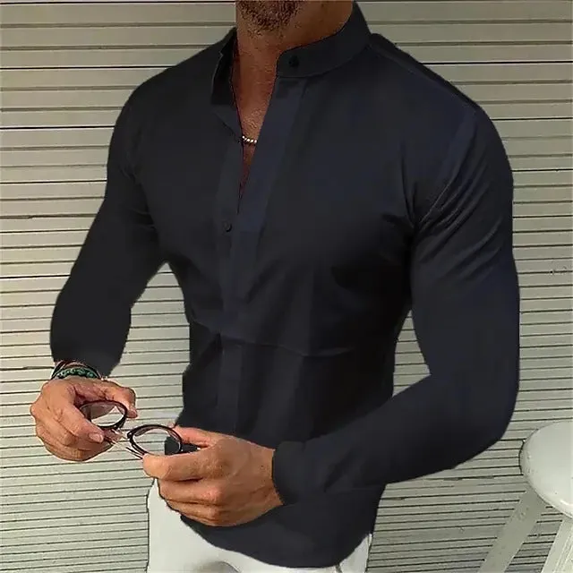Men's pure coloured imitation silk fabric shirt with stand collar in white, side view on hanger