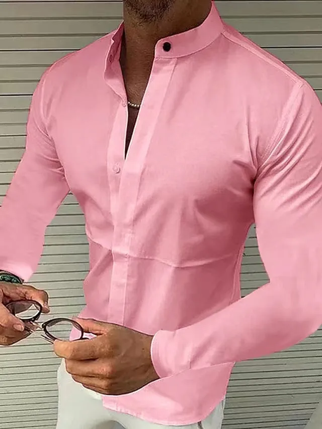 Men's pure coloured imitation silk fabric shirt with stand collar in white, side view on hanger
