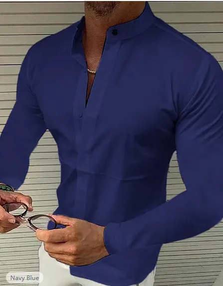 Men's pure coloured imitation silk fabric shirt with stand collar in white, side view on hanger