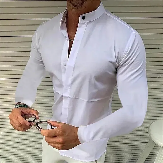 Men's pure coloured imitation silk fabric shirt with stand collar in white, side view on hanger