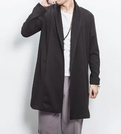 Men's casual linen blend cardigan in dark gray, loose fit with lapel collar, front view