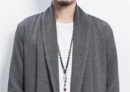 Men's casual linen blend cardigan in dark gray, loose fit with lapel collar, front view