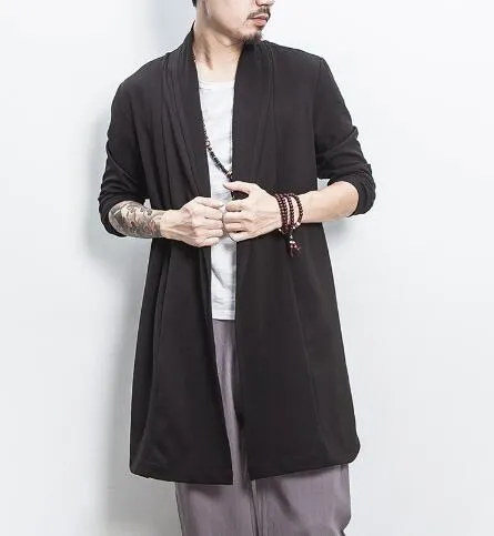 Men's casual linen blend cardigan in dark gray, loose fit with lapel collar, front view