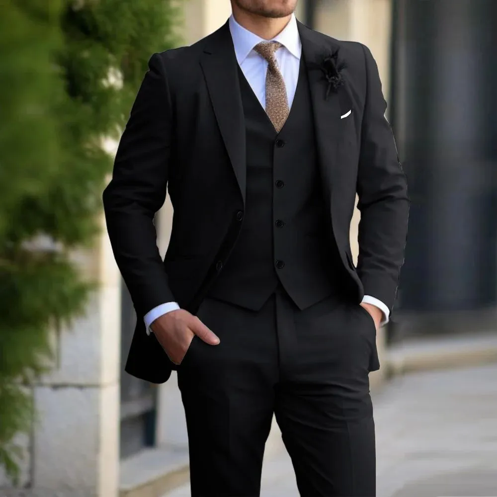 Brand Classic Men three-piece slim fit suit with polo collar in beige, showing blazer, vest, and trousers
