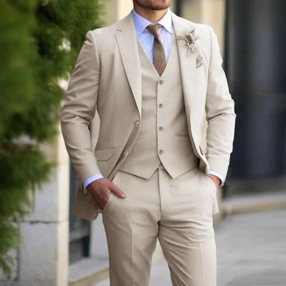 Brand Classic Men three-piece slim fit suit with polo collar in beige, showing blazer, vest, and trousers