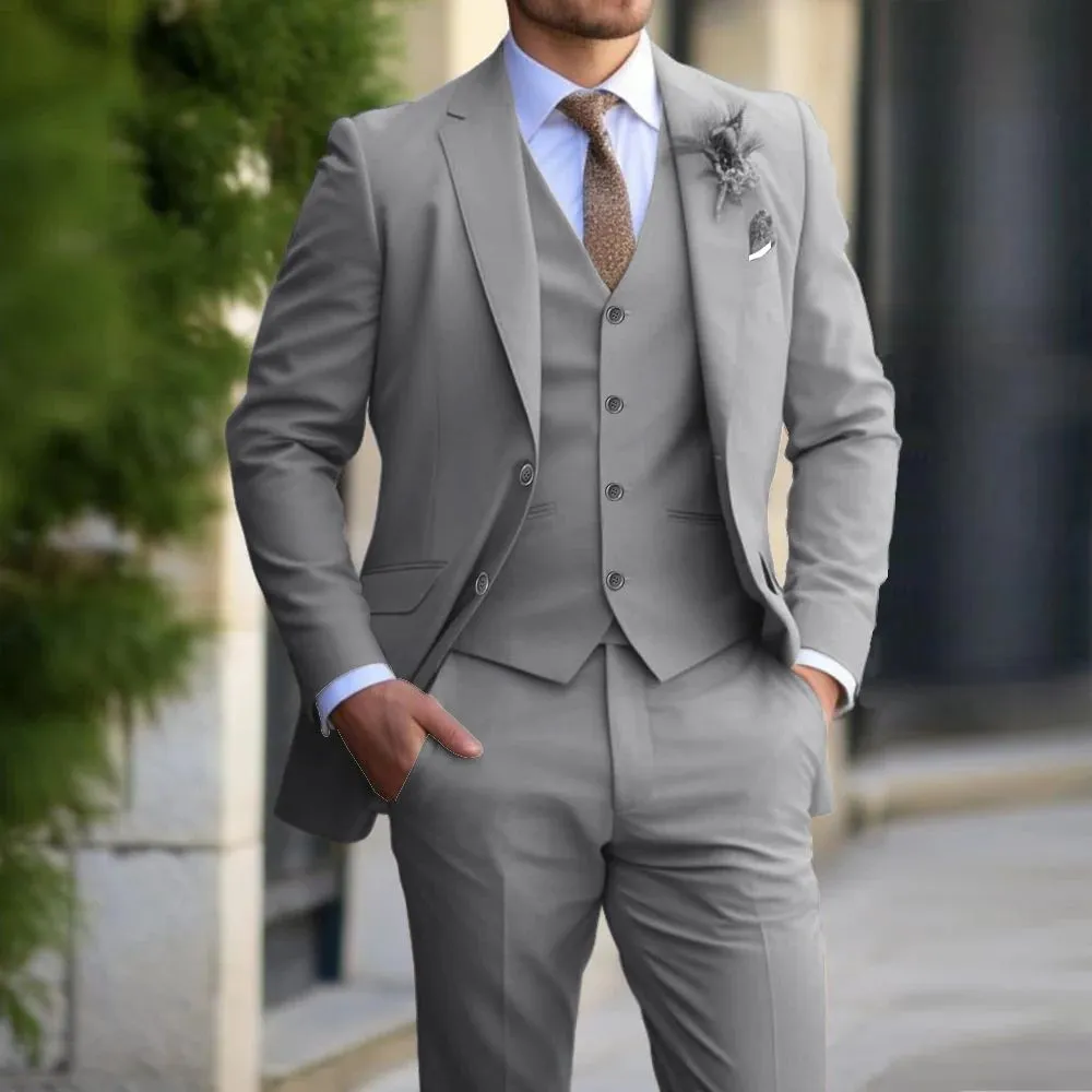 Brand Classic Men three-piece slim fit suit with polo collar in beige, showing blazer, vest, and trousers