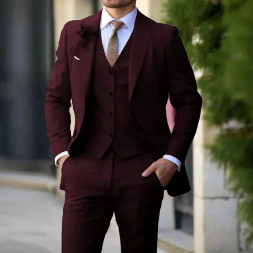 Brand Classic Men three-piece slim fit suit with polo collar in beige, showing blazer, vest, and trousers