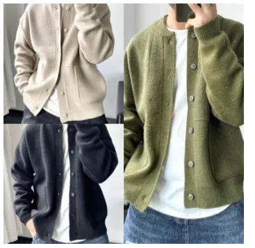 Men's loose fit wool cardigan sweater with round neck in black colour option Hong Kong style